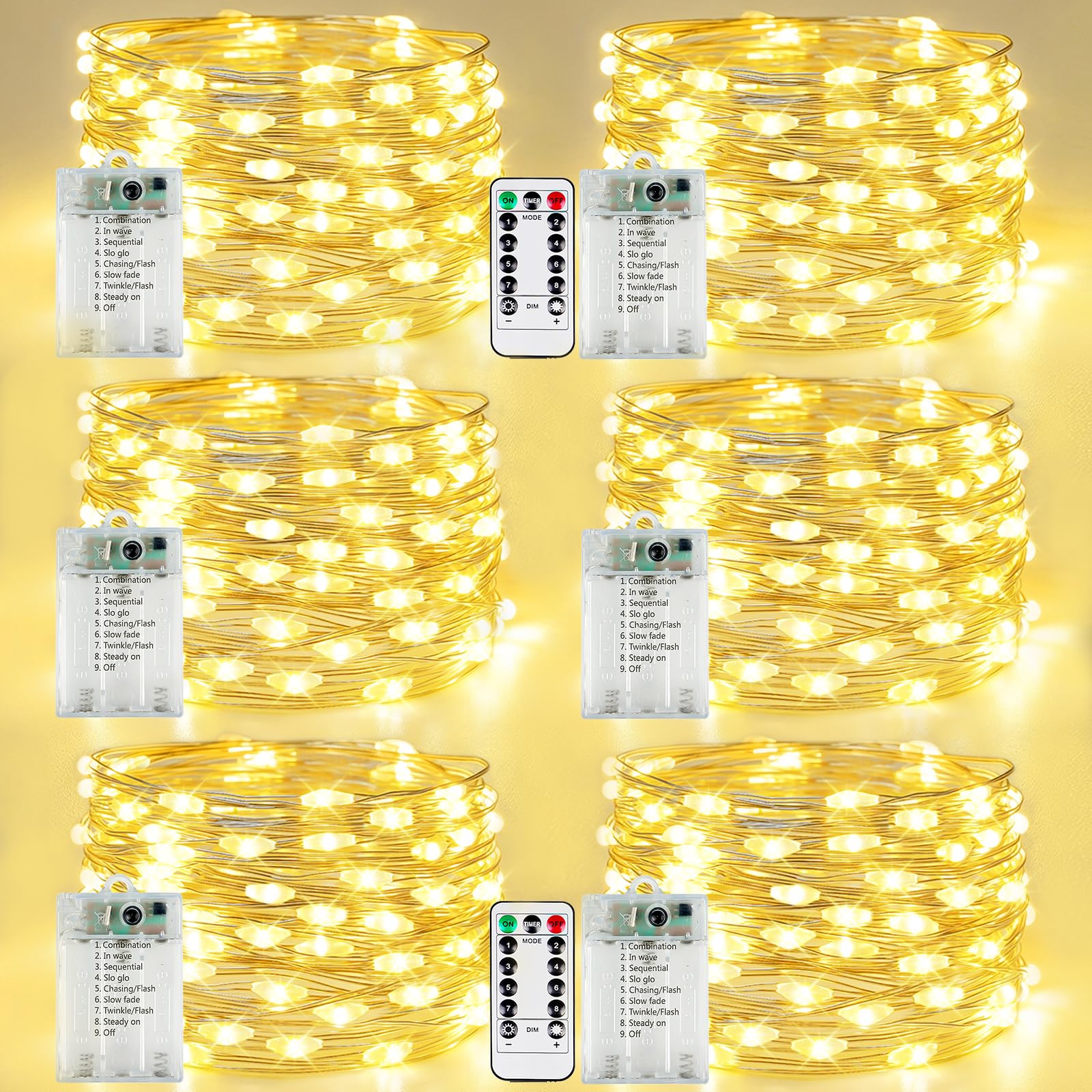 YIQU front pack showing six battery-operated warm white fairy light strands and remotes