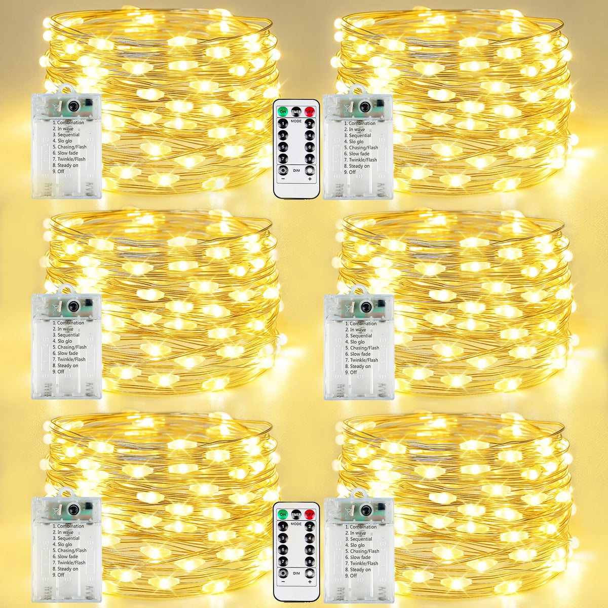 YIQU front pack showing six battery-operated warm white fairy light strands and remotes