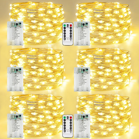 YIQU front pack showing six battery-operated warm white fairy light strands and remotes