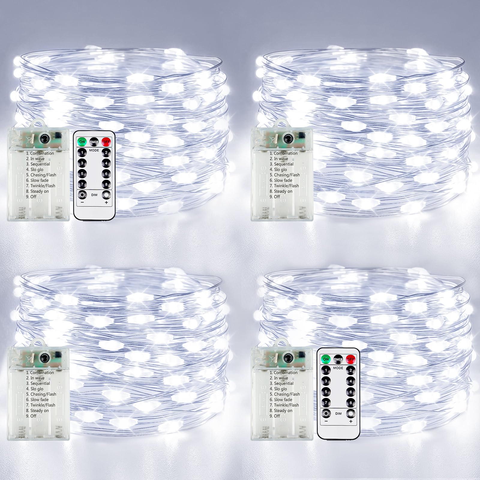 YIQU front packaging showing four cool white strands and remotes for easy setup