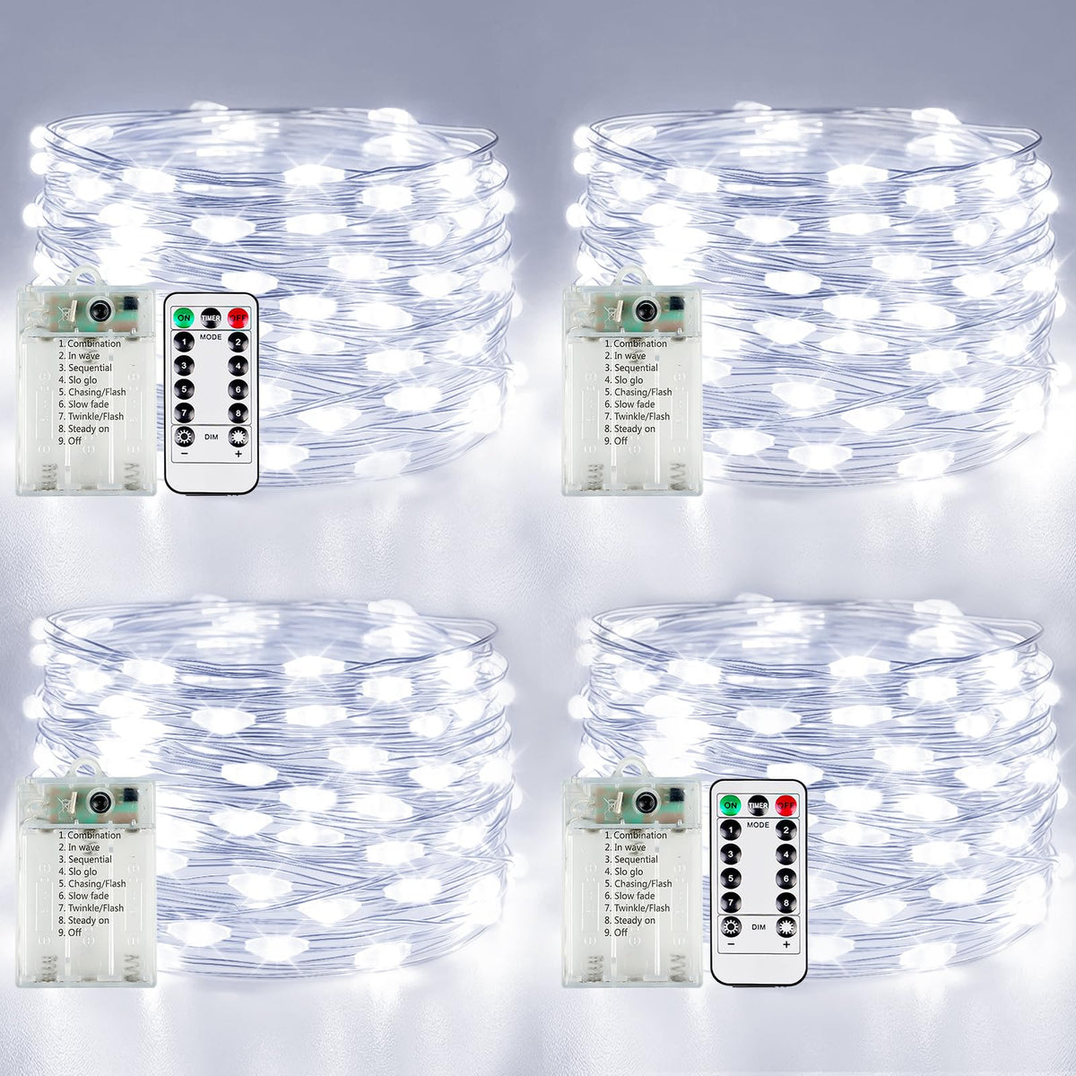 YIQU front packaging showing four cool white strands and remotes for easy setup