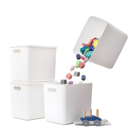 Yishyfier white storage bins 4-pack front view showing tidy stacked organizers