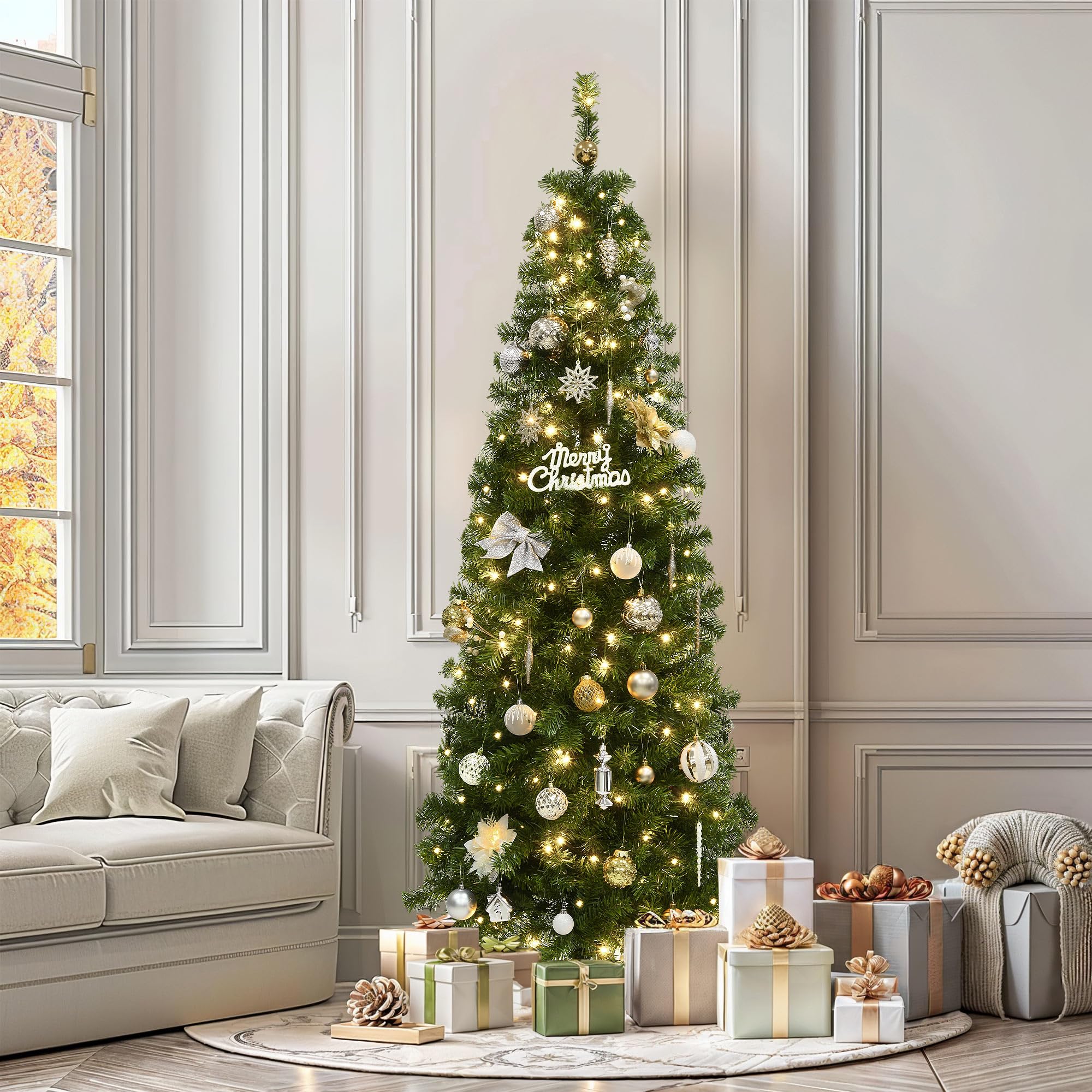 YITAHOME tree next to sofa showing 6ft scale and space-saving design