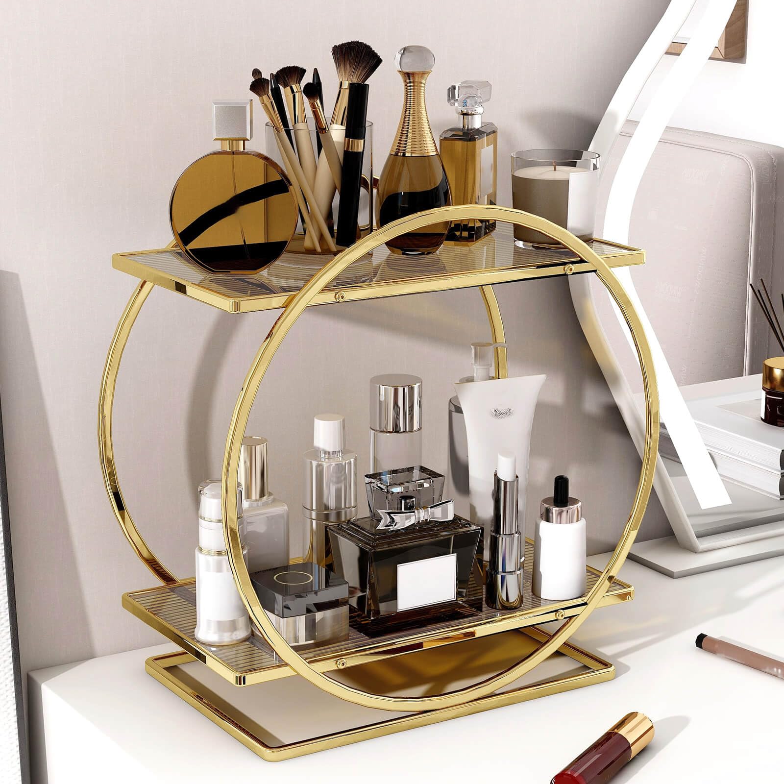 YIWANFW front view organizer showing tidy perfumes and cosmetics, enhances counter order