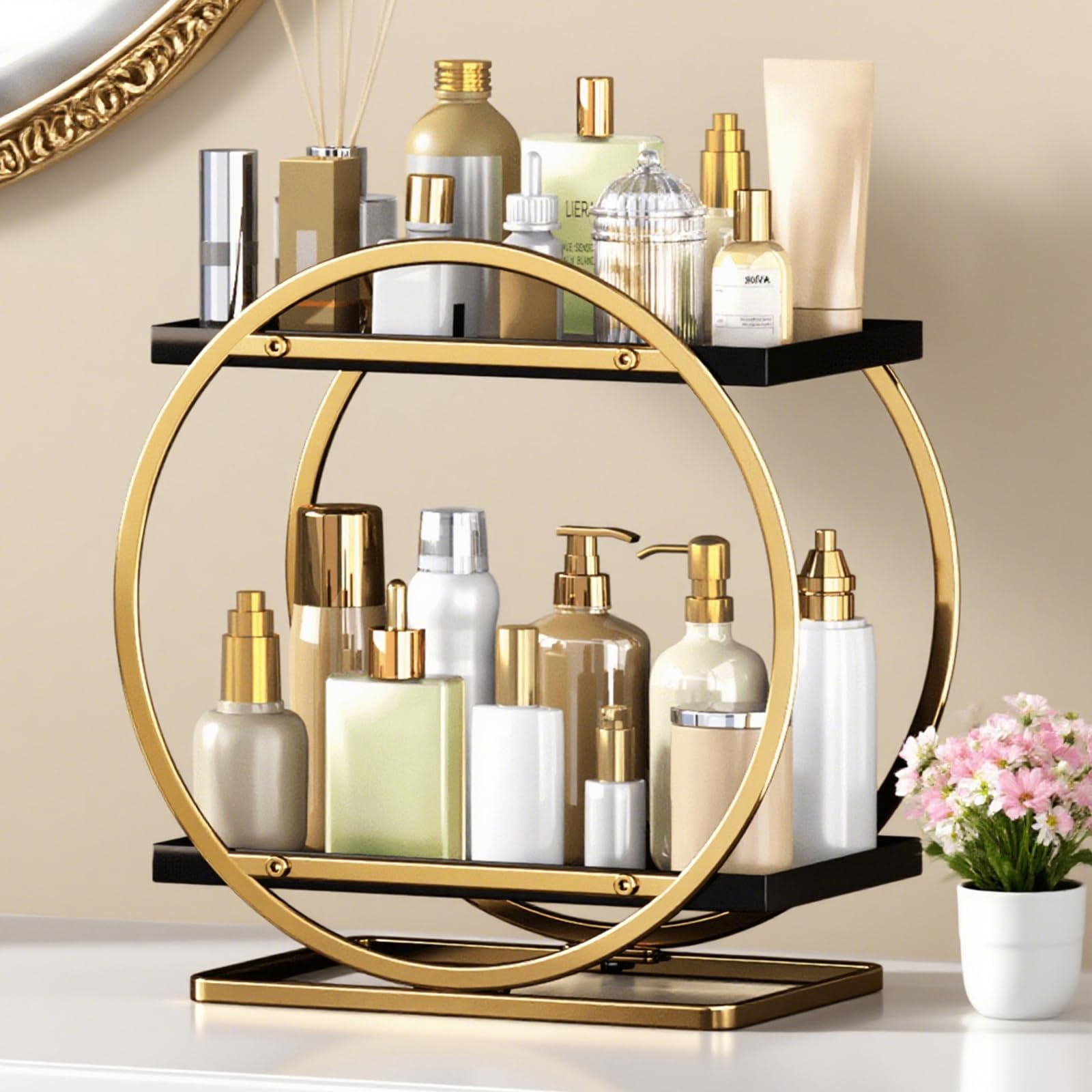 YIWANFW front view of black gold vanity organizer showing tidy display