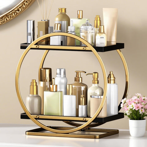 YIWANFW front view of black gold vanity organizer showing tidy display