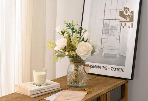 YJ arrangement beside book showing scale and compact tabletop fit