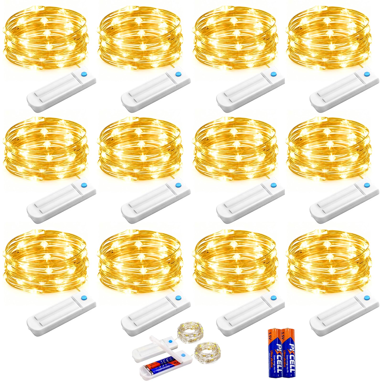 YJFWAL front packaging and full 10ft strings showing warm white glow and pack count