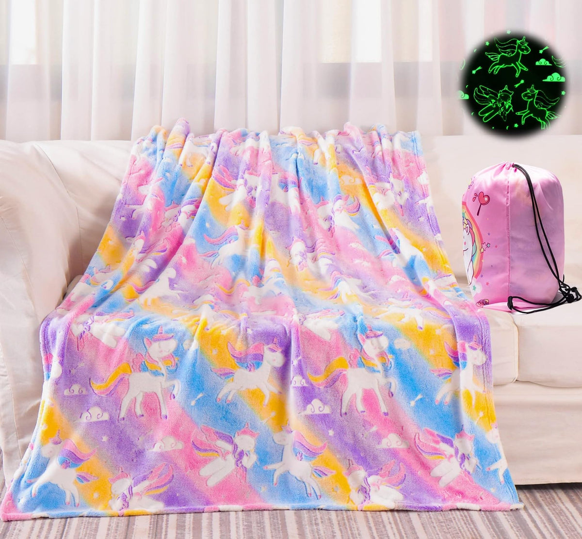 YJLMLY unicorn blanket front view showing colorful pattern and soft plush comfort