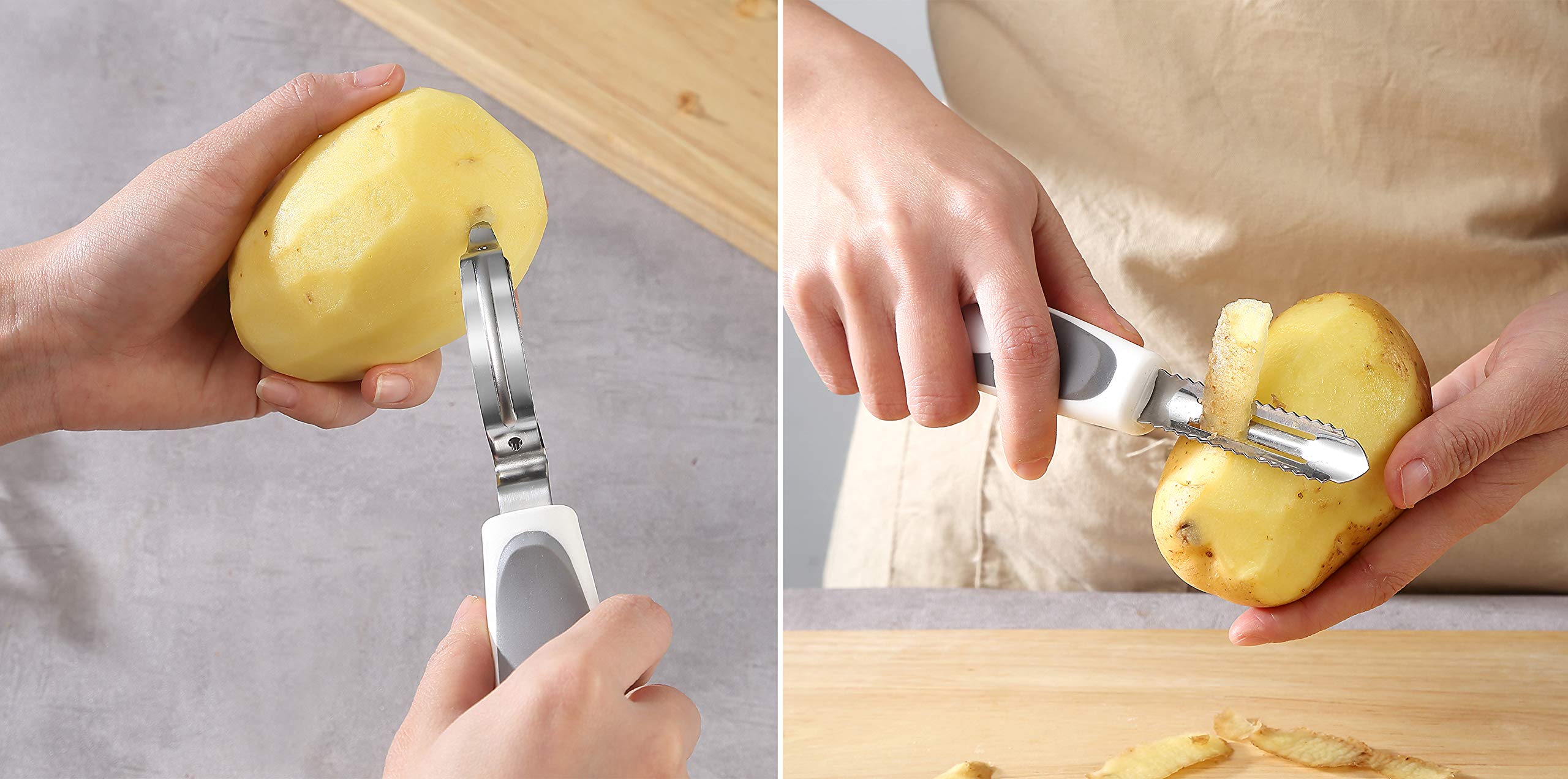 YK GDYORKITCHEN two multi-purpose peelers in use peeling an apple, demonstrating speed and control