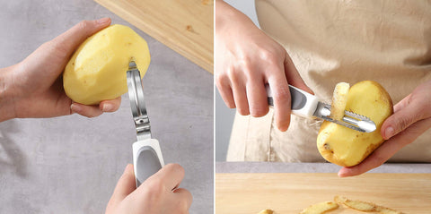 YK GDYORKITCHEN two multi-purpose peelers in use peeling an apple, demonstrating speed and control