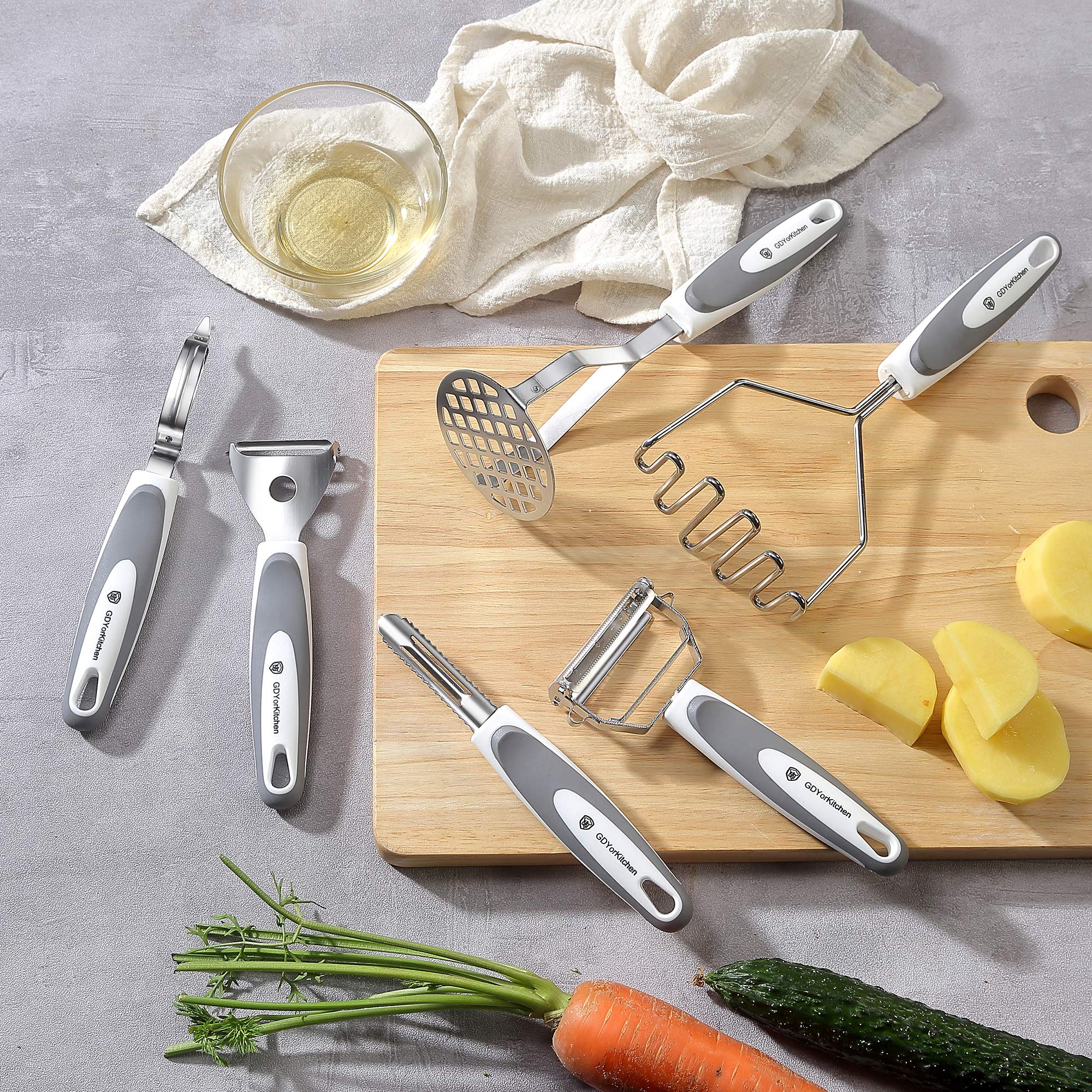YK GDYORKITCHEN potato ricer close-up highlighting stainless steel holes for smooth, lump-free results