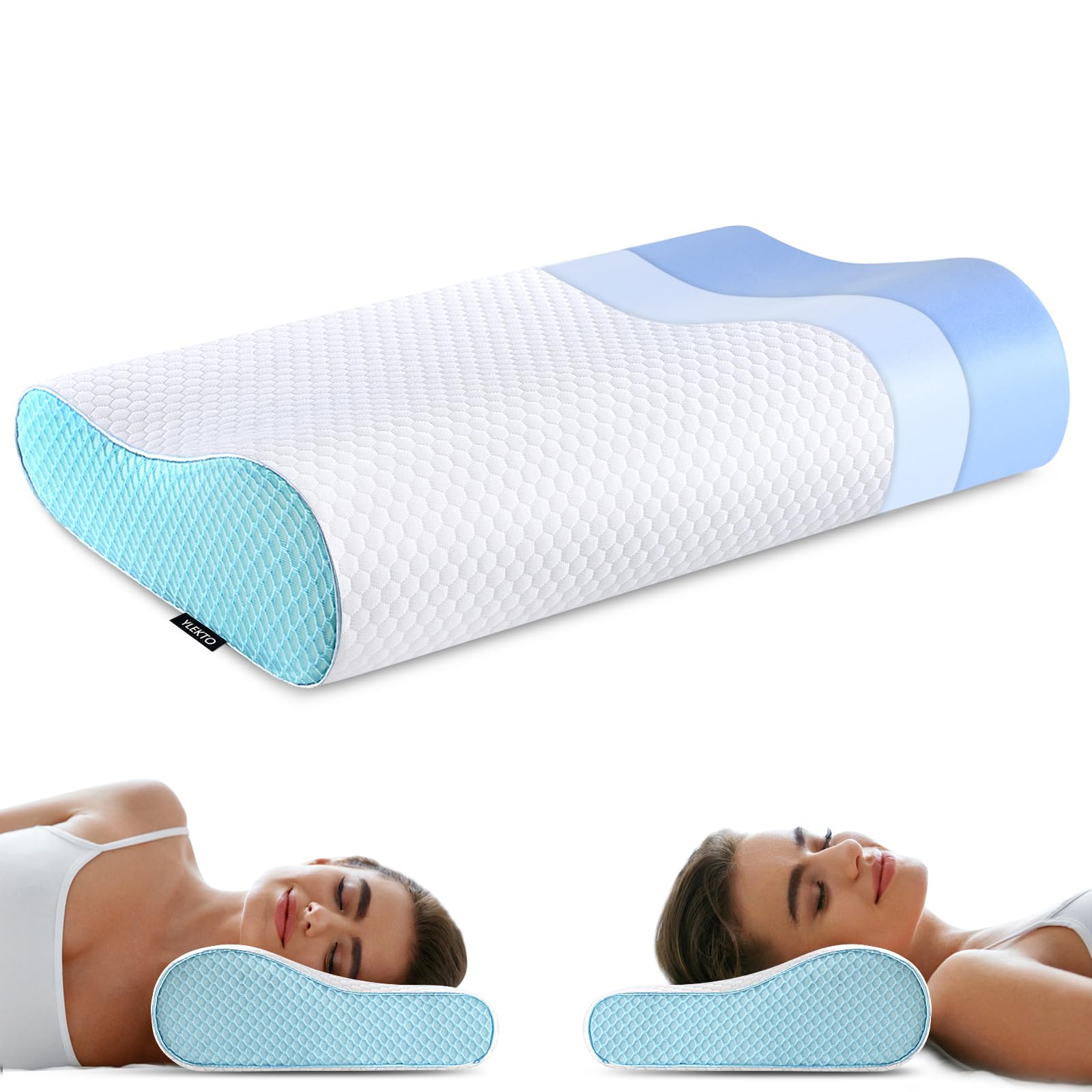 Ylekto front view of pillow showing shape and packaging, highlights ergonomic benefit