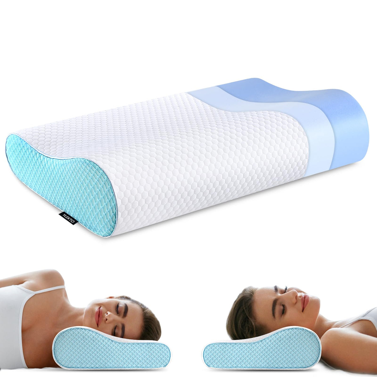 Ylekto front view of pillow showing shape and packaging, highlights ergonomic benefit