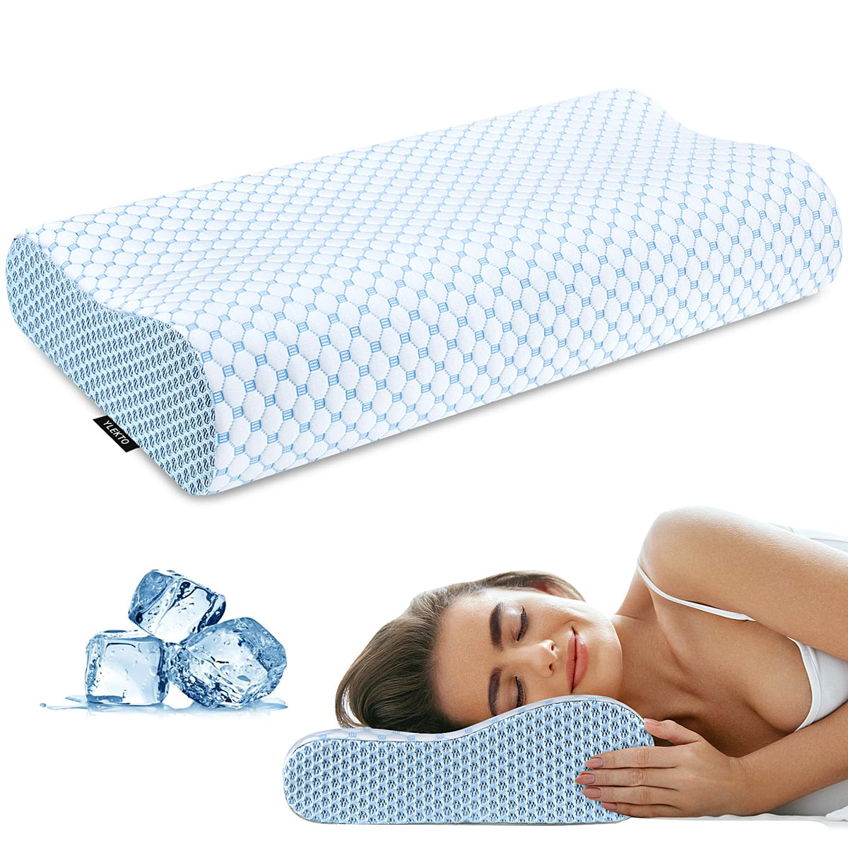 Ylekto front view of blue contour pillow showing ergonomic shape and improved sleep support
