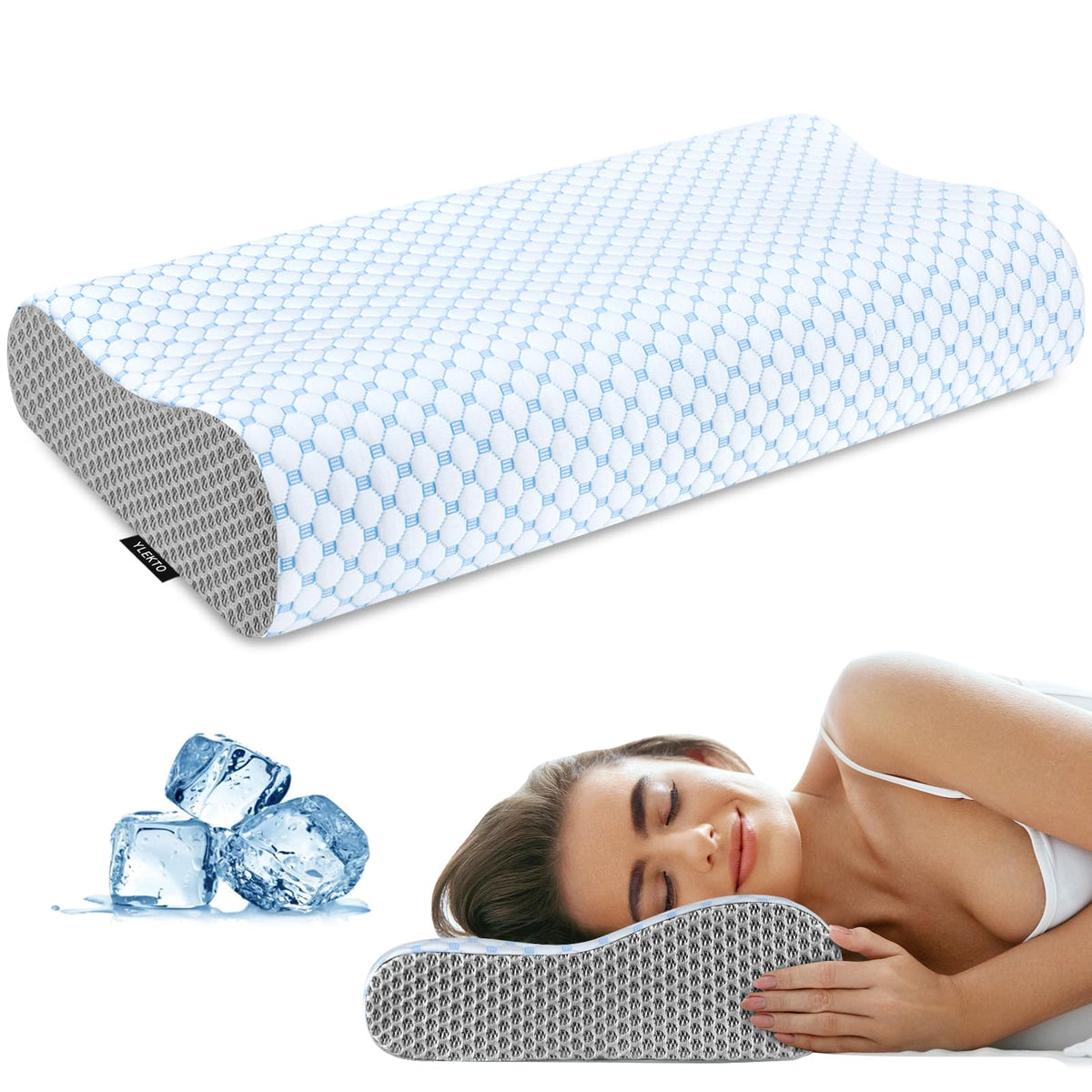Ylekto front view of contour pillow showing ergonomic shape and neck support