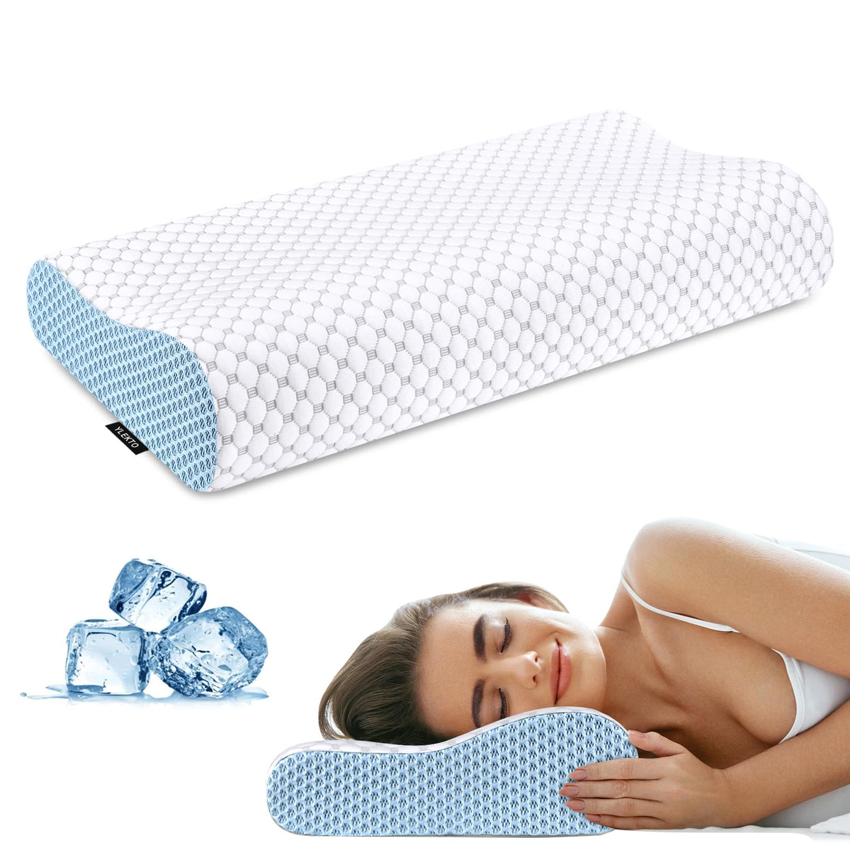 Ylekto front view of contour pillow showing ergonomic shape and neck support benefit