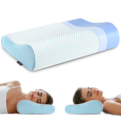 Ylekto front view showing queen-size ergonomic pillow and label, clear support benefits