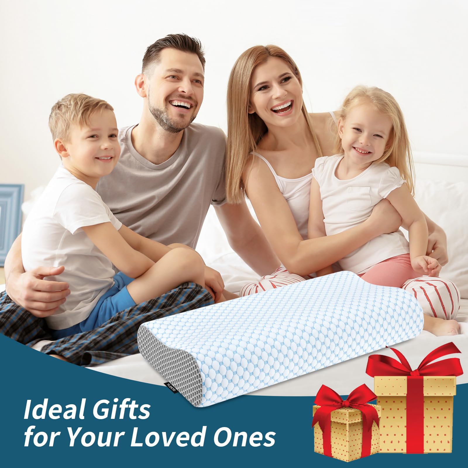 Ylekto pillow on bed in blue and grey as lifestyle shot for comfortable sleep ambiance
