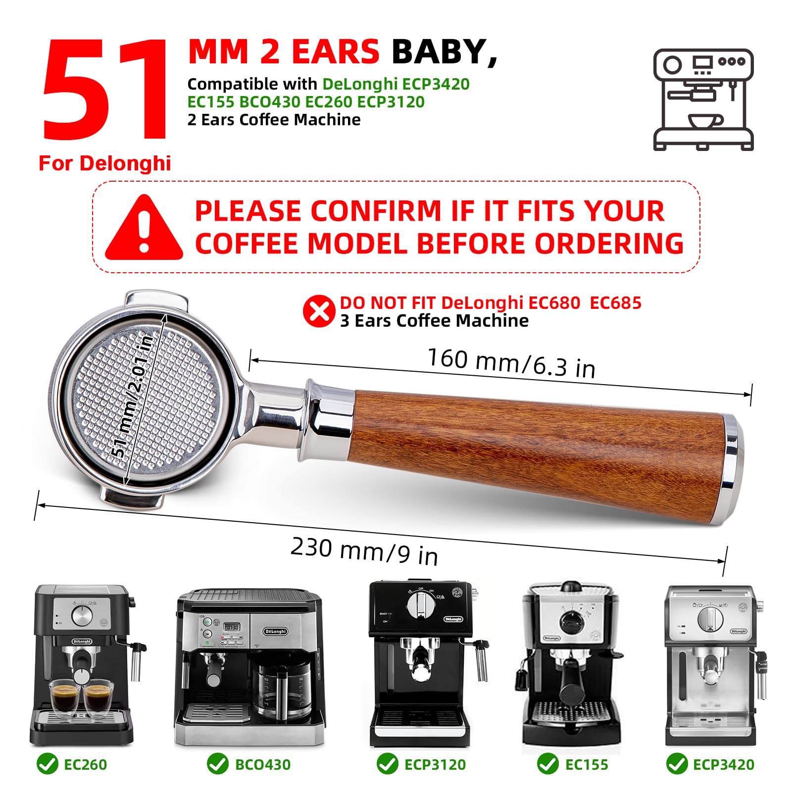 YMWVH side profile mounted on De'Longhi grouphead for easy compatibility check