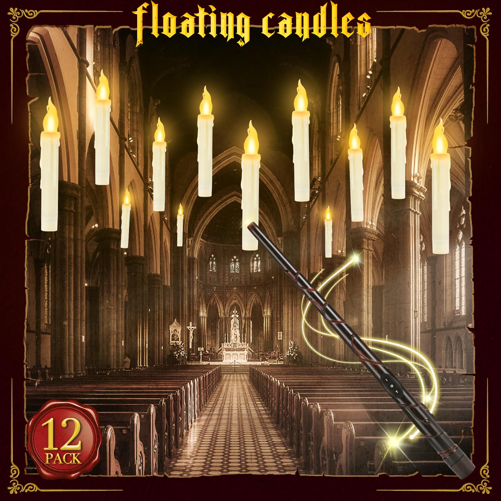 YMXHK front packaging showing 12 floating candles and wand, easy setup benefit