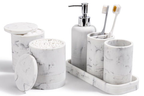 YMXYJM marble white set front view showing coordinated accessories and tidy counter benefit