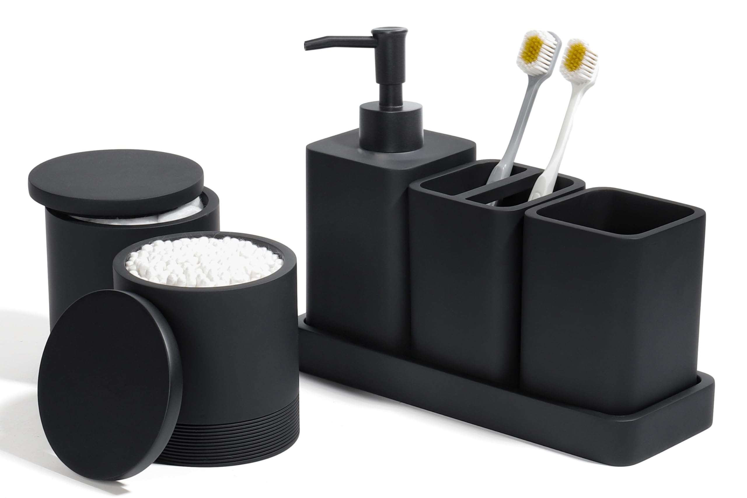 YMXYJM front view of six-piece matte black set showing coordinated design and organization