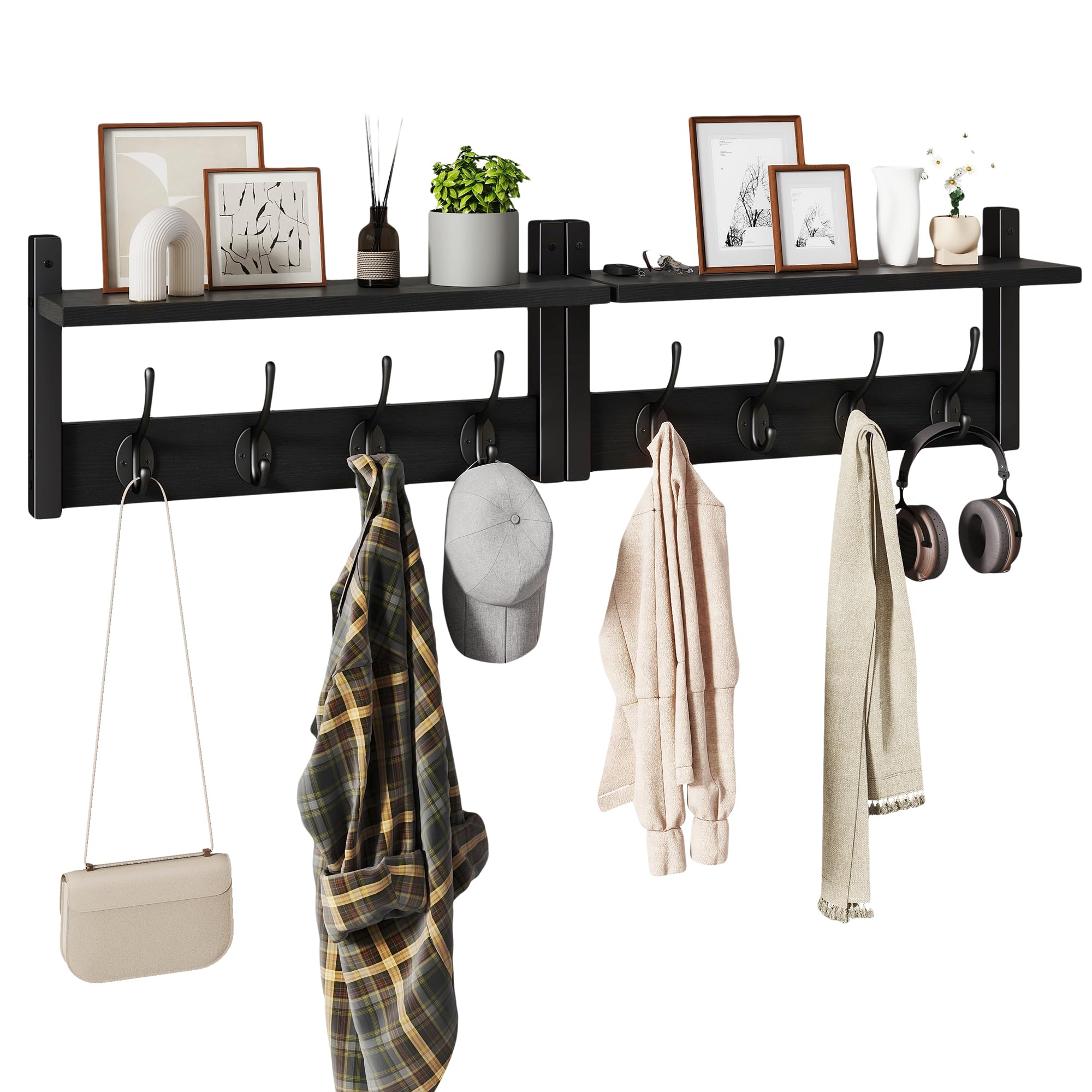 YMYNY front view assembled coat rack showing shelf and eight hooks for organized storage