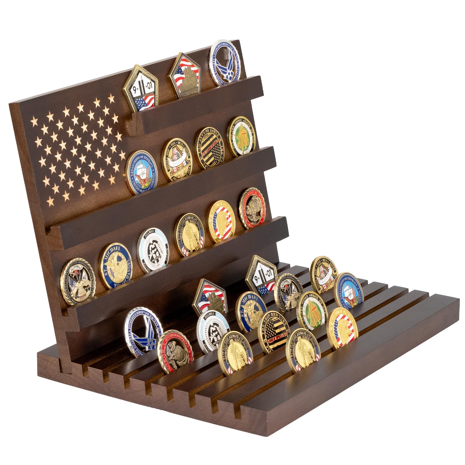 Yncotte front view walnut display showing polished wood and coin arrangement benefit display clarity