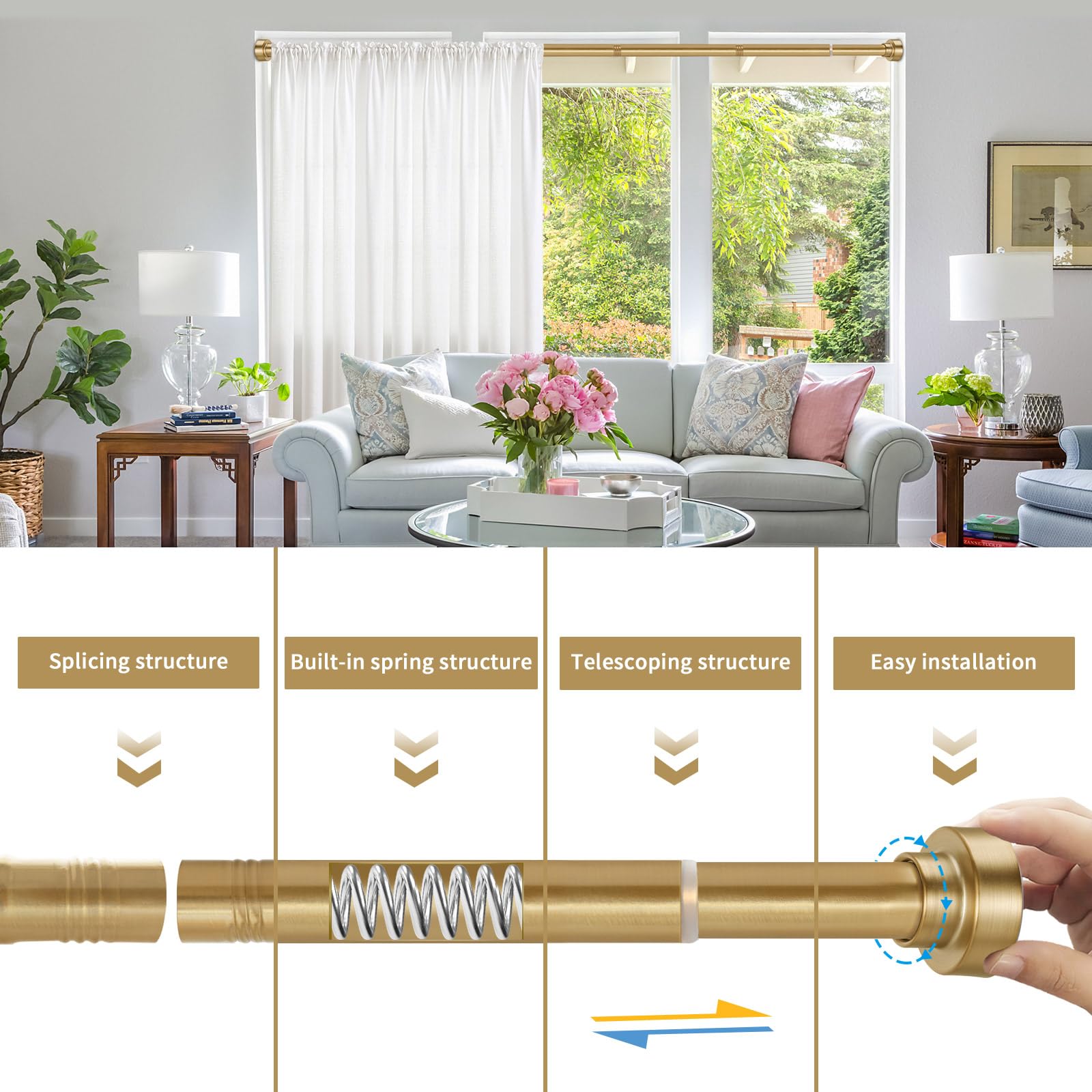 YNL gold rod installed in bathroom adding style while resisting moisture