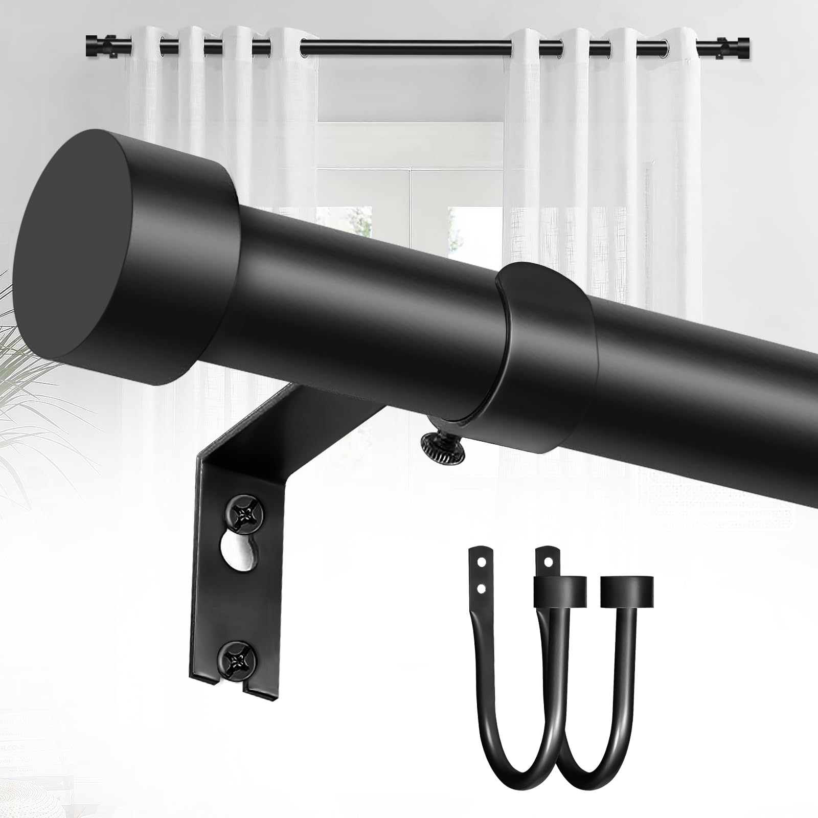 YNL matte black front packaging showing complete curtain rod kit and benefits