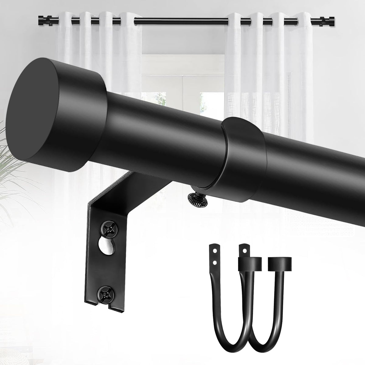 YNL matte black front packaging showing complete curtain rod kit and benefits