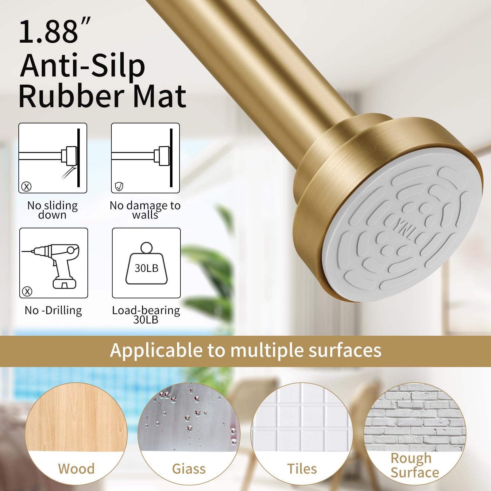 YNL shower rod fully extended demonstrating adjustable 34 to 82 inch span