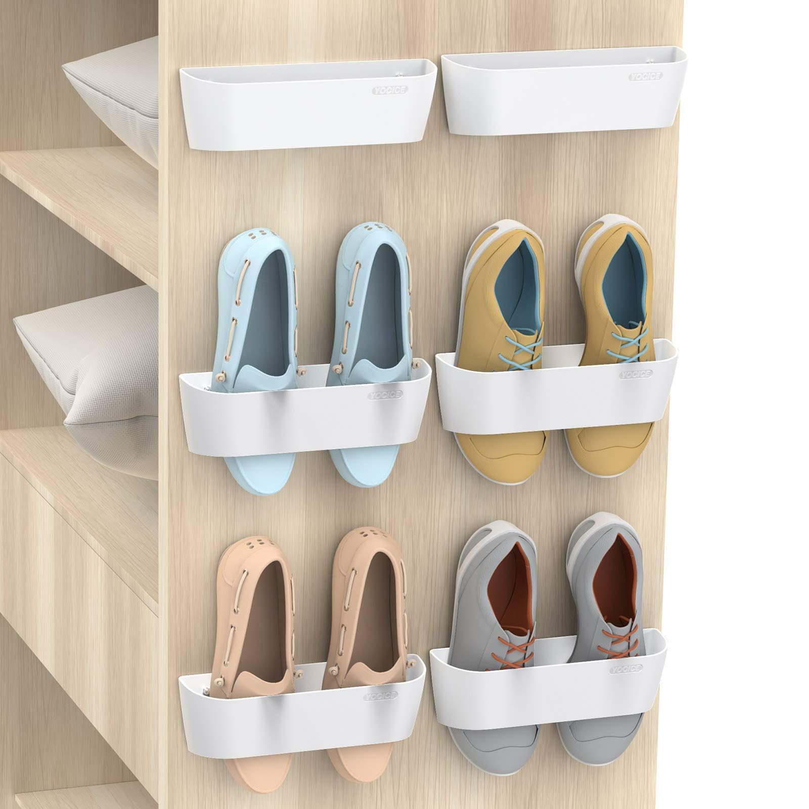 Yocice front view showing six white wall shoe racks and organized benefit