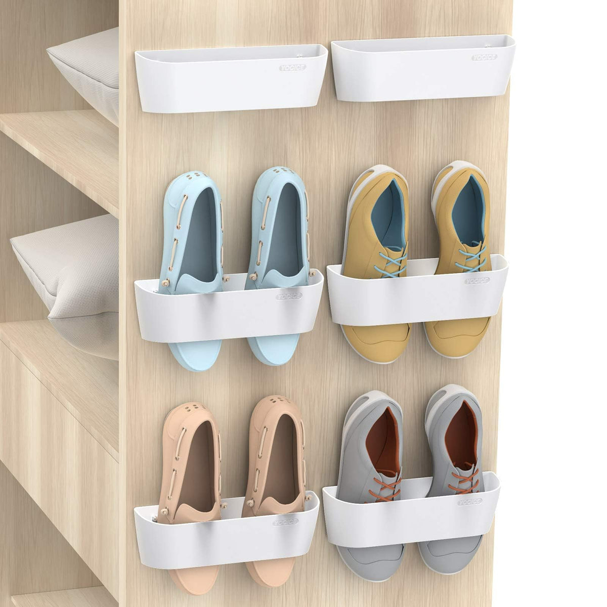 Yocice front view showing six white wall shoe racks and organized benefit