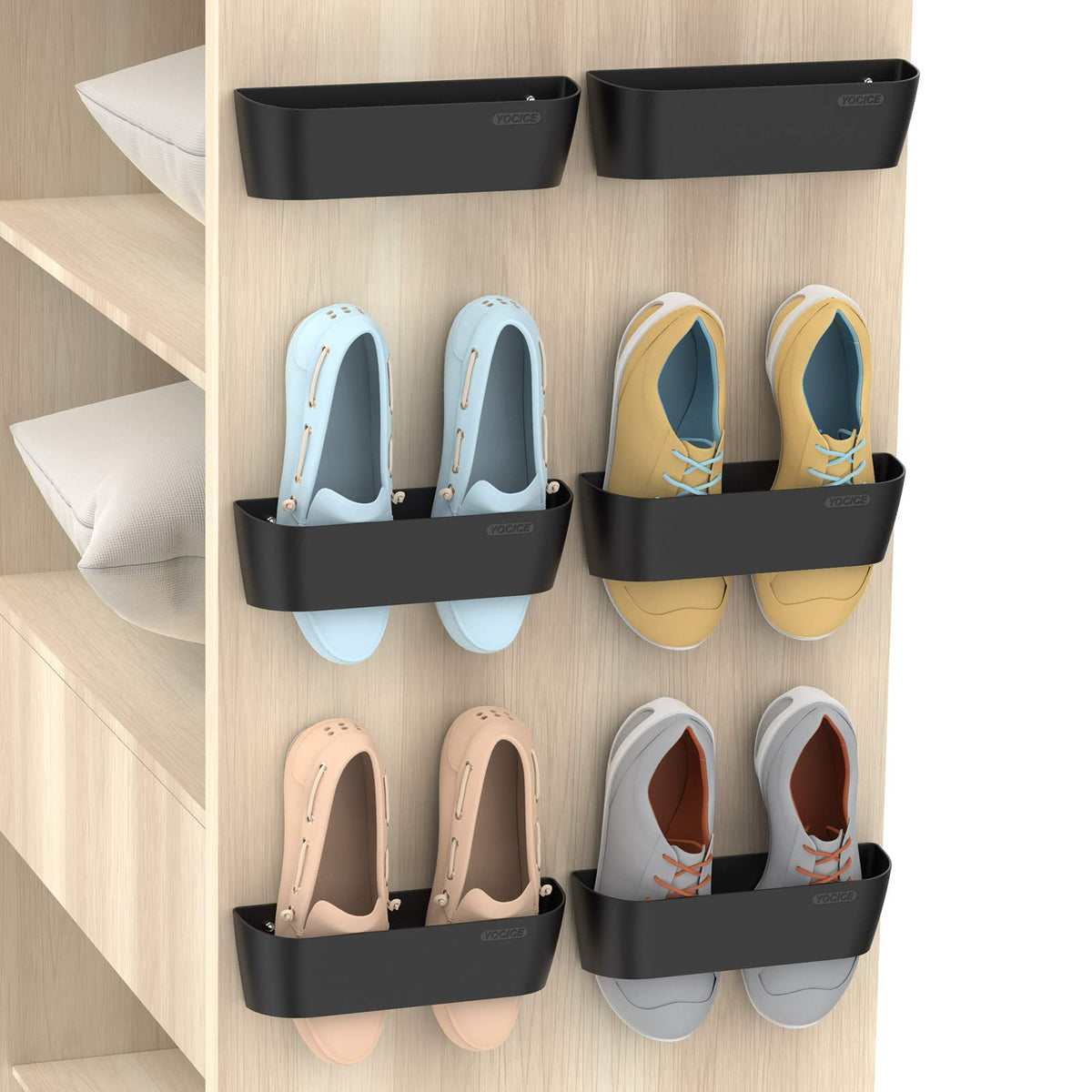 Yocice front view showing six black racks and neat storage benefit