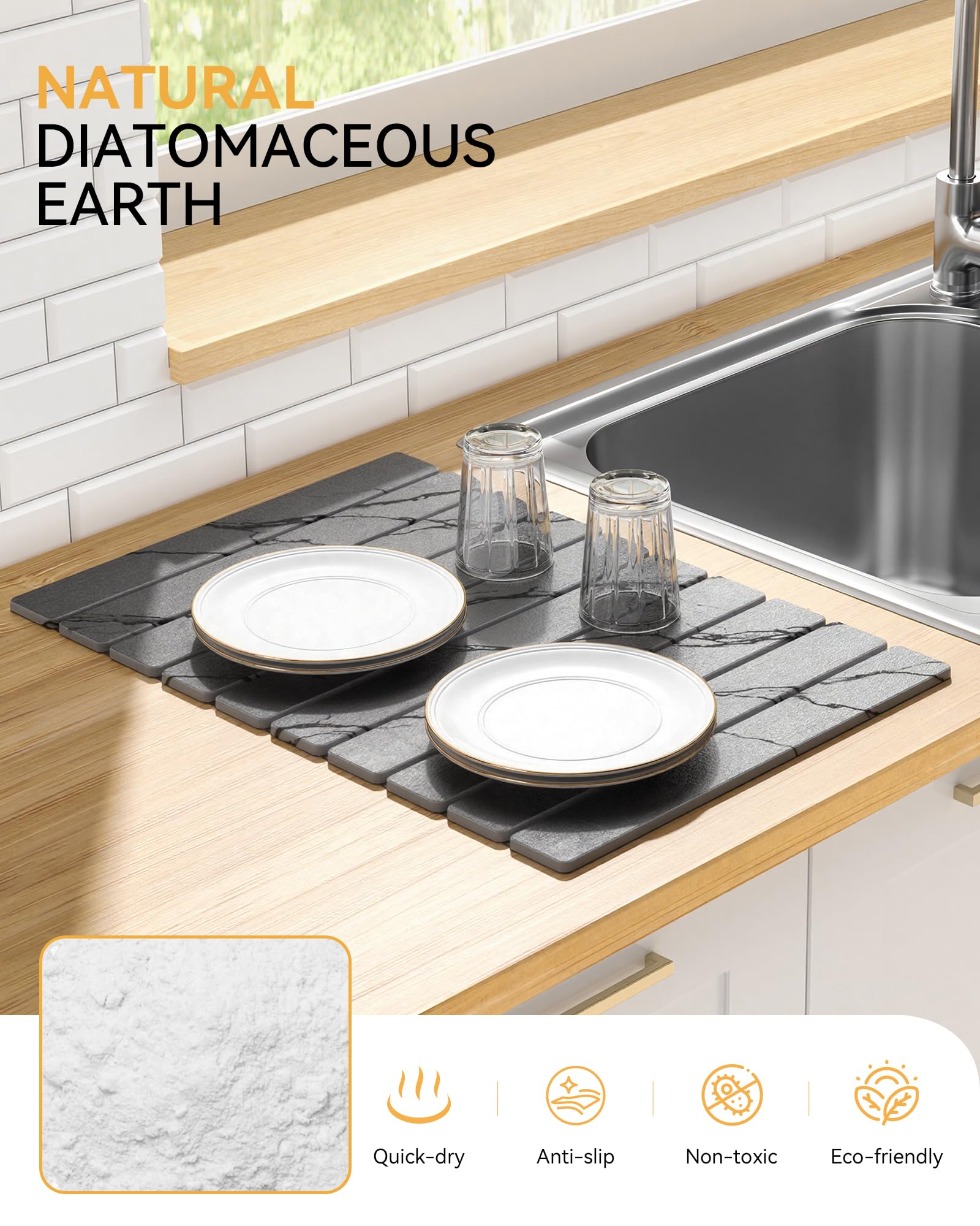 Yofidra mat holding wet dishes benefit: quicker dish drying and tidy counter