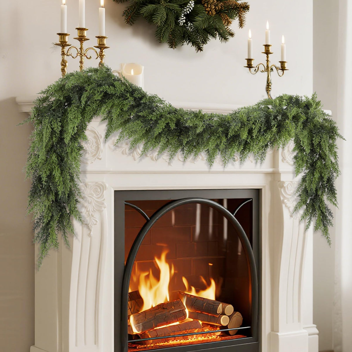 YOFIT front view garland showing lifelike cedar texture and ready-to-style benefit