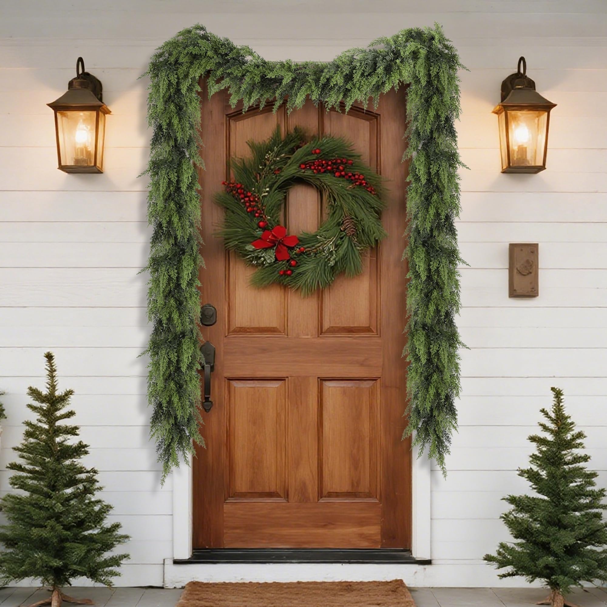YOFIT garland with LED lights and pinecones showing easy decorative pairing