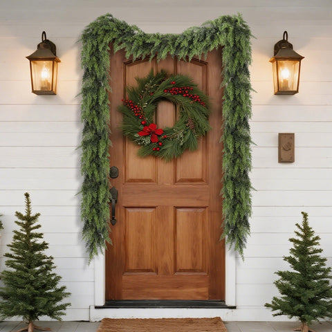 YOFIT garland with LED lights and pinecones showing easy decorative pairing