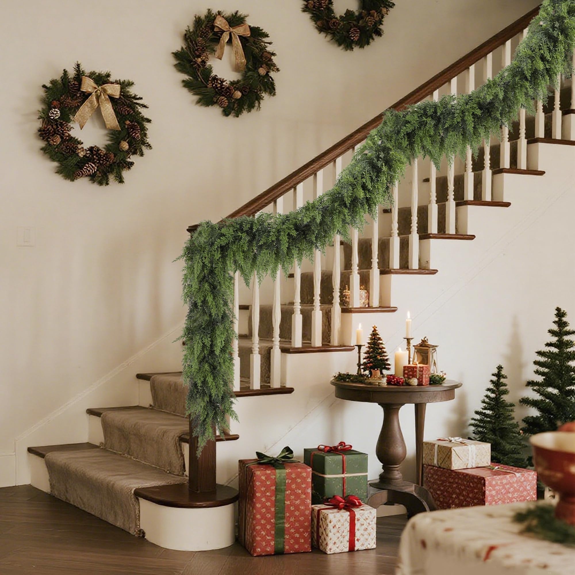 YOFIT garland wrapped along a stair railing demonstrating flexible shaping benefit