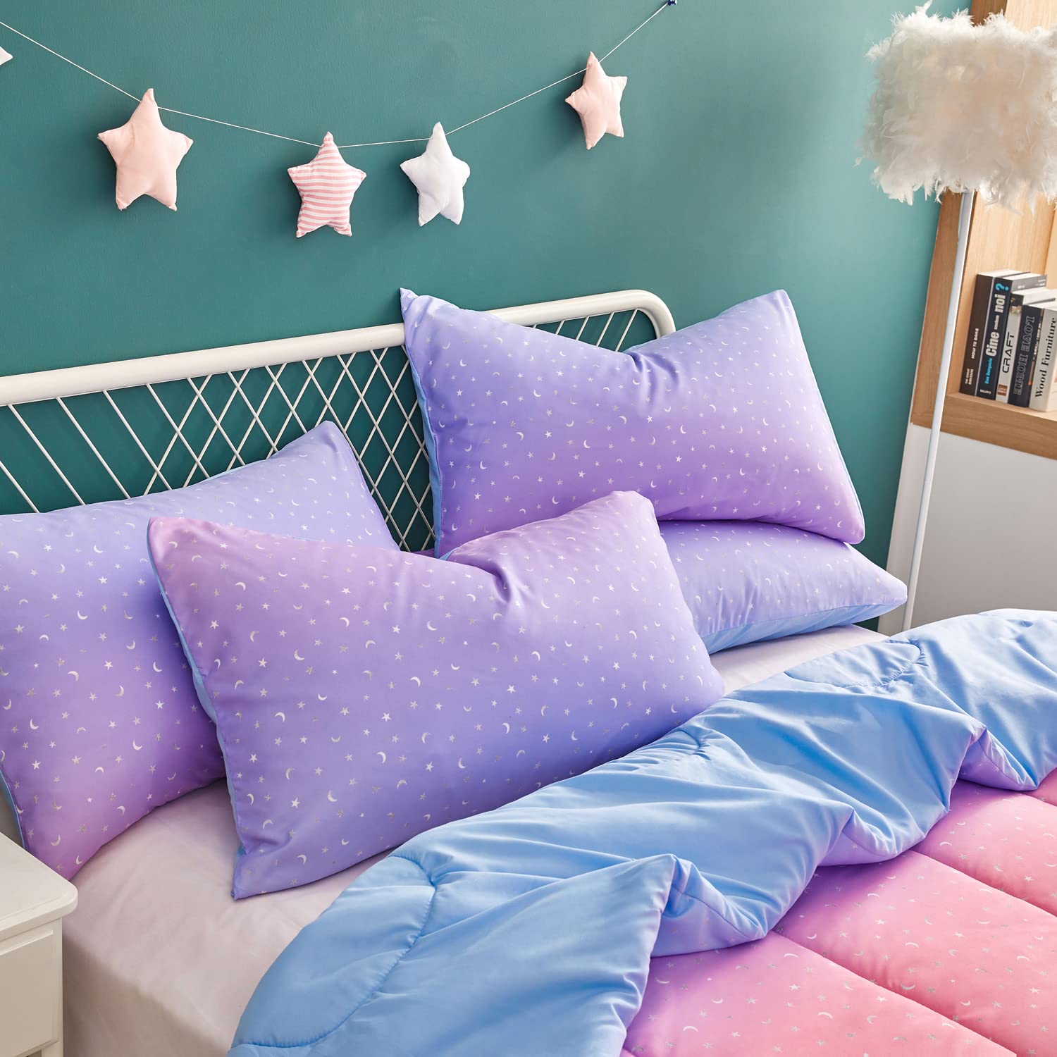 Yogeneg comforter styled on a twin bed to show room-ready decorative benefit