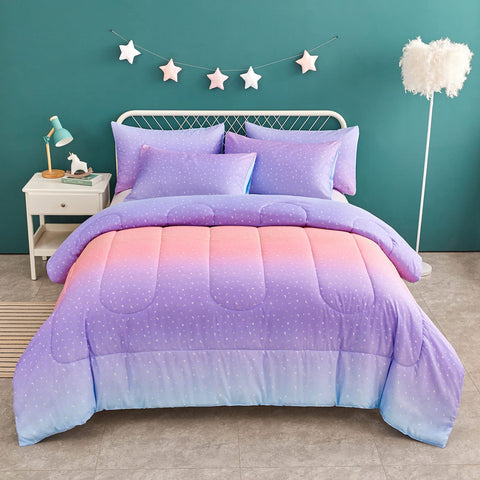 Yogeneg front view of twin comforter set showing colorful rainbow design and shimmer
