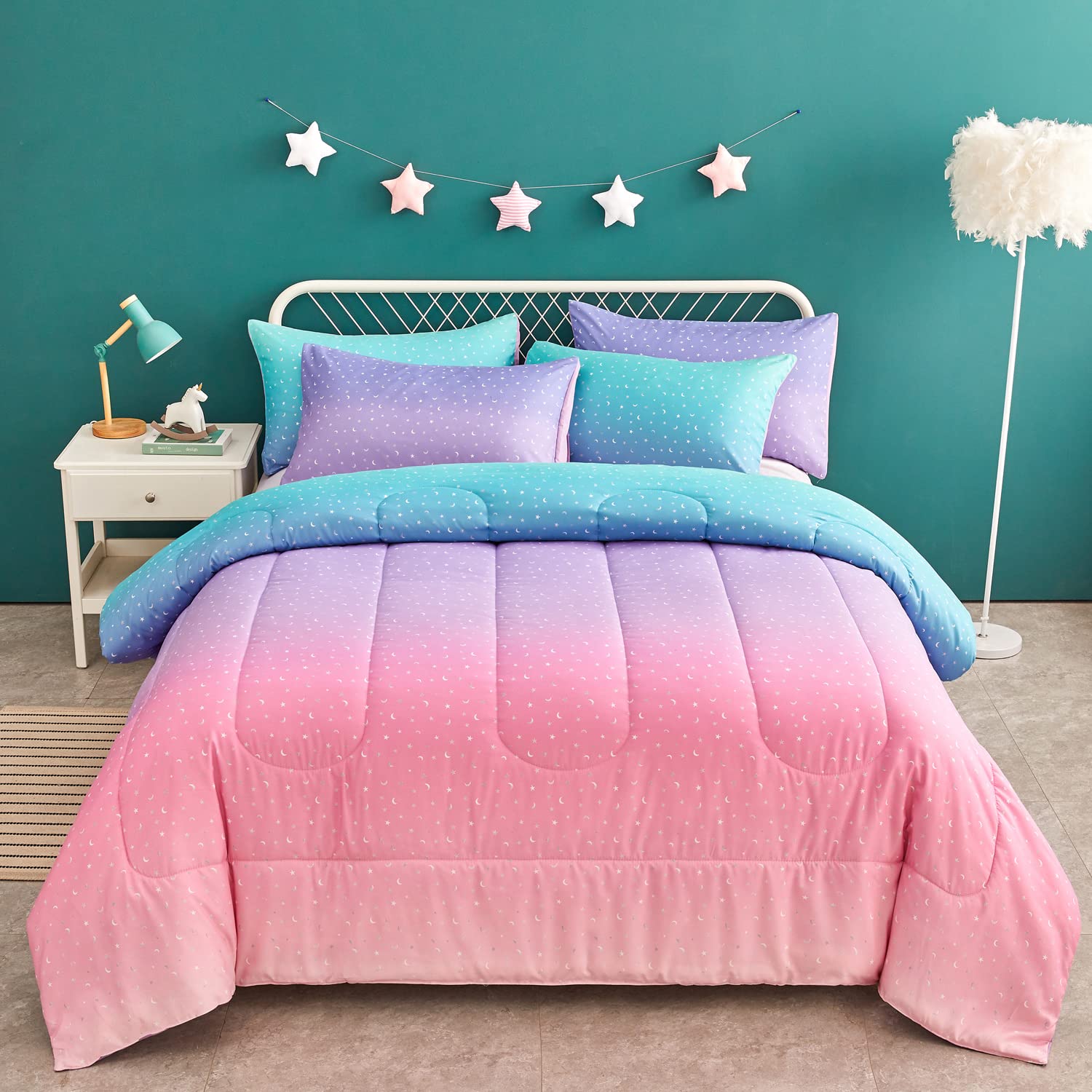 Yogeneg front view of twin comforter showing rainbow ombre and metallic stars benefit: brightens room