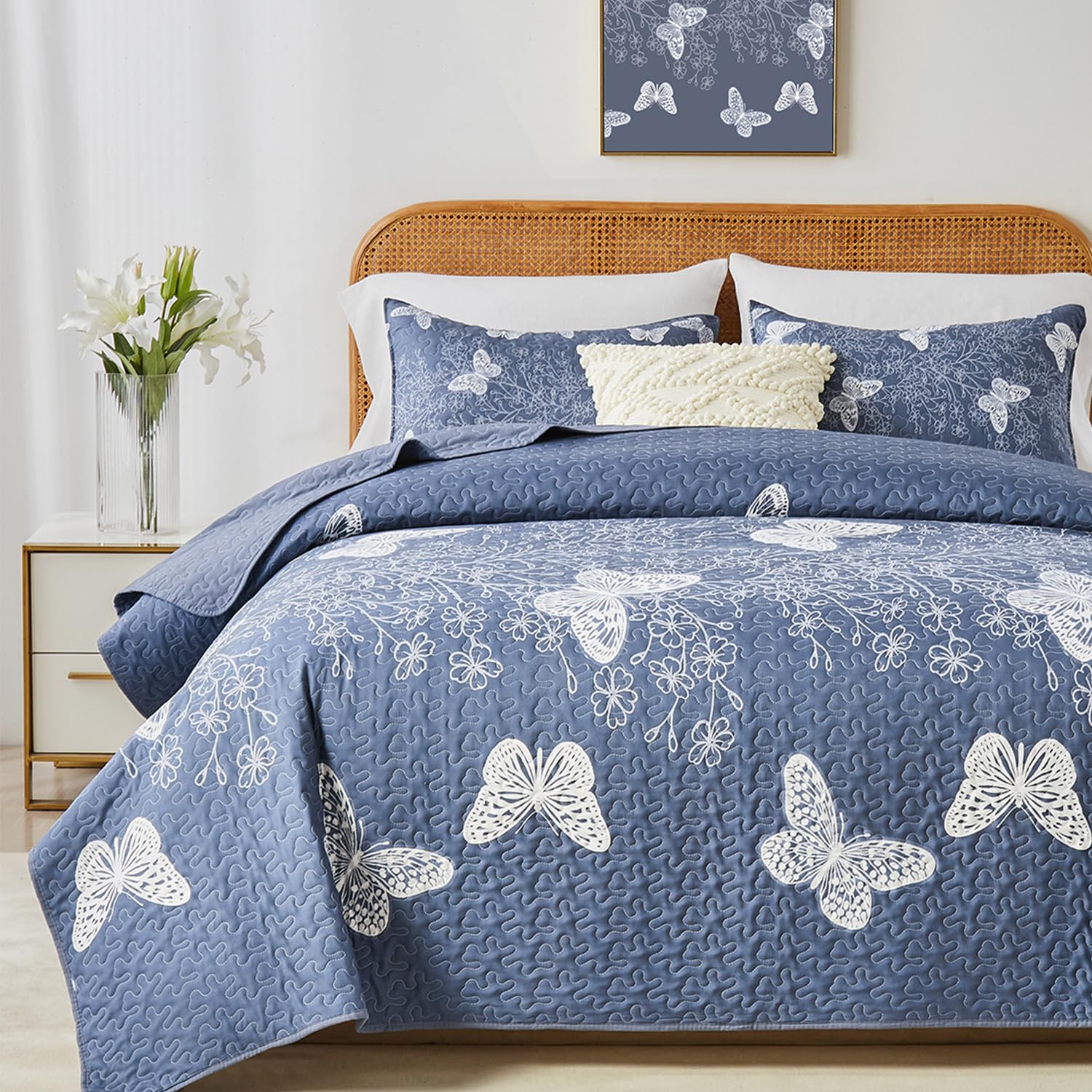 Yogeneg full queen quilt front view showing blush grey butterfly pattern and elegant styling