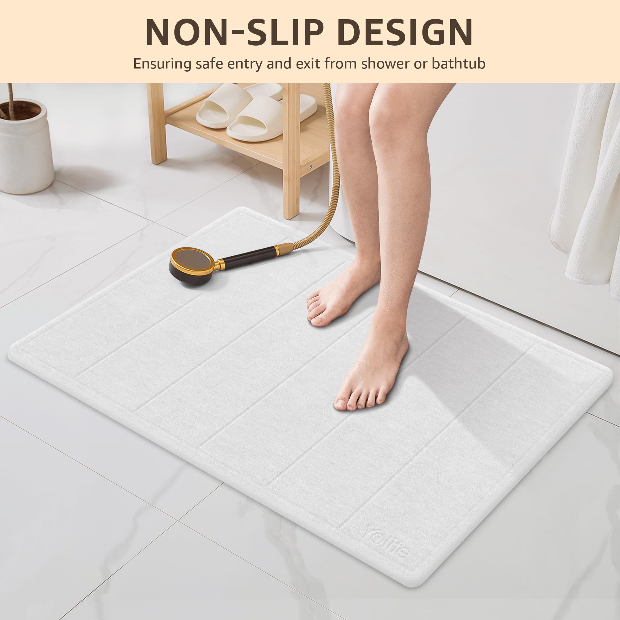 Yolife mat beside toilet showing 32x20 size for generous floor coverage