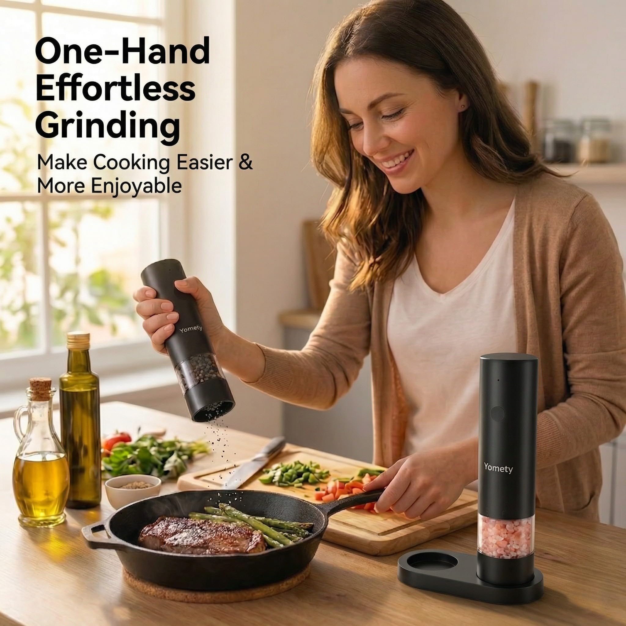 Yomety organizing base with grinders upright, keeps counters clean and organized
