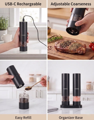 Yomety USB‑C charging port closeup, rechargeable battery avoids disposable cells