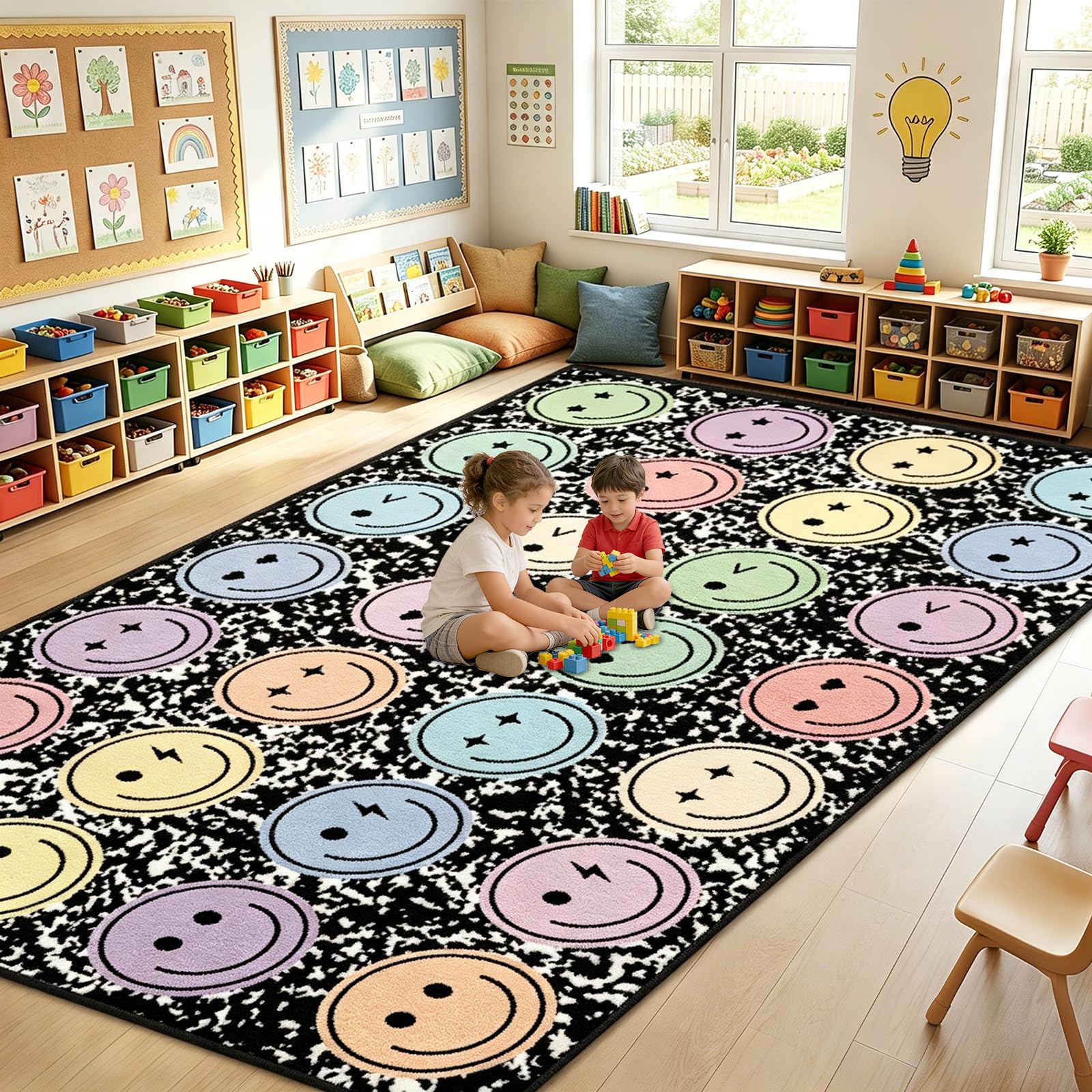 Yomjress front view of composition notebook rug shows playful design and group seating benefit