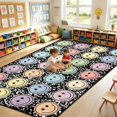 Yomjress front view of composition notebook rug shows playful design and group seating benefit